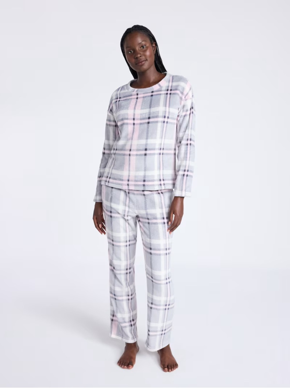 Joyspun Plaid Fleece Pajama Set - Pink & Gray